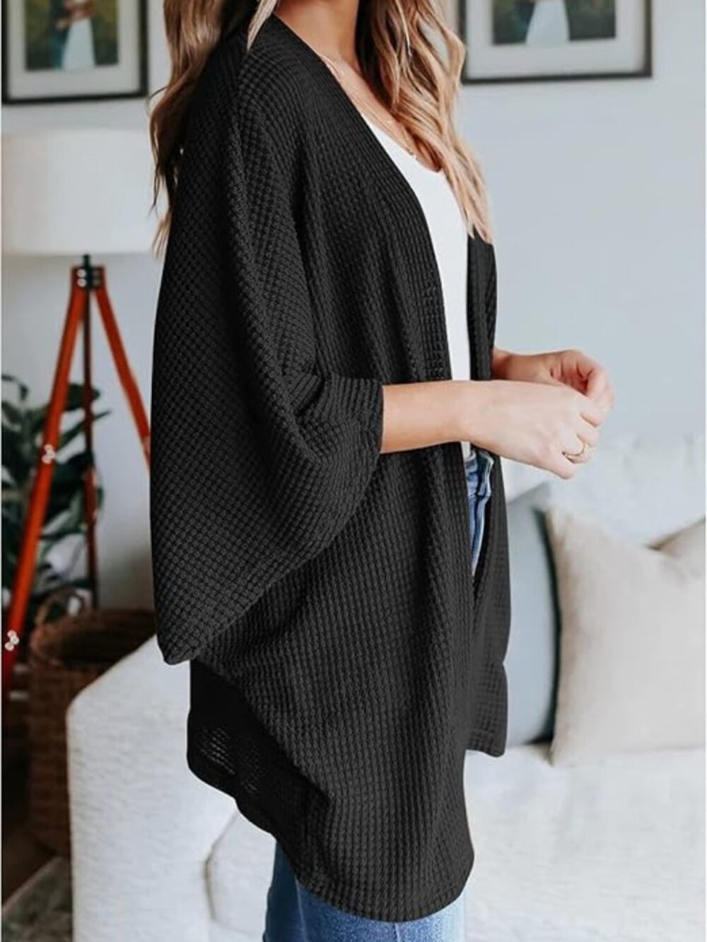 Yibock Waffle Knit Kimono Cardigan Lightweight Summer Batwing Sleeve Black NWT